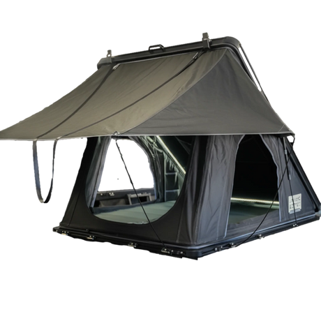 Outback Tourer 1.4 rooftop tent front left view with side windows and canopy open.