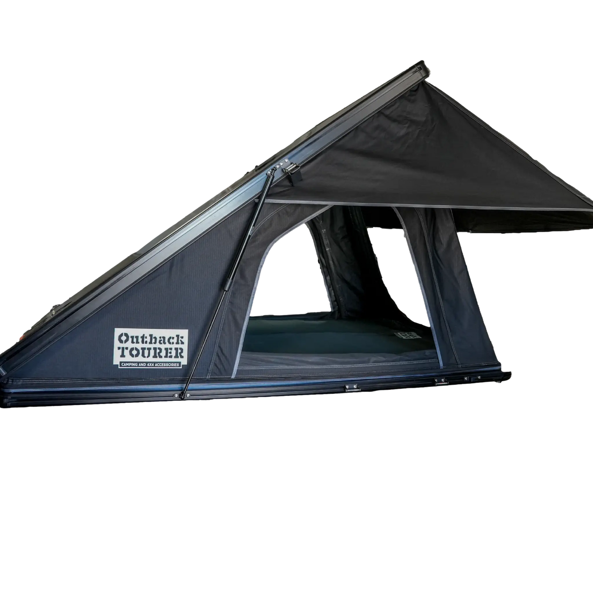 Outback Tourer 1.4 rooftop tent side view with side window open, gas strut and logo.
