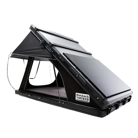 Outback Tourer 1.4 Plus Rooftop Tent front left studio view with a Roam Gear solar panel on the shell.