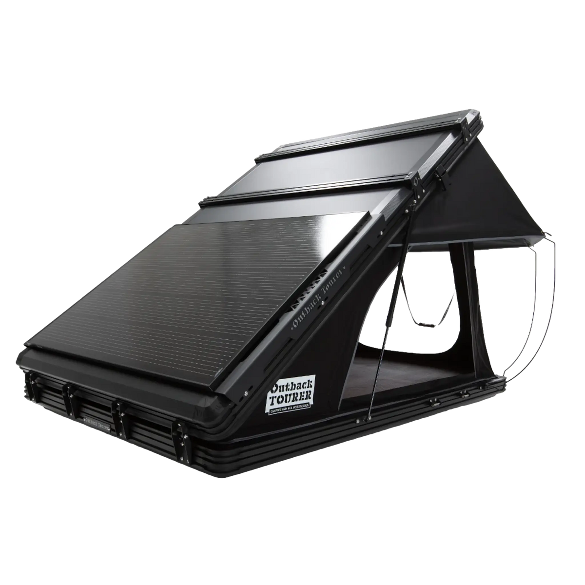 Outback Tourer 1.4 Plus Rooftop Tent front right studio view with a Roam Gear solar panel on the shell.