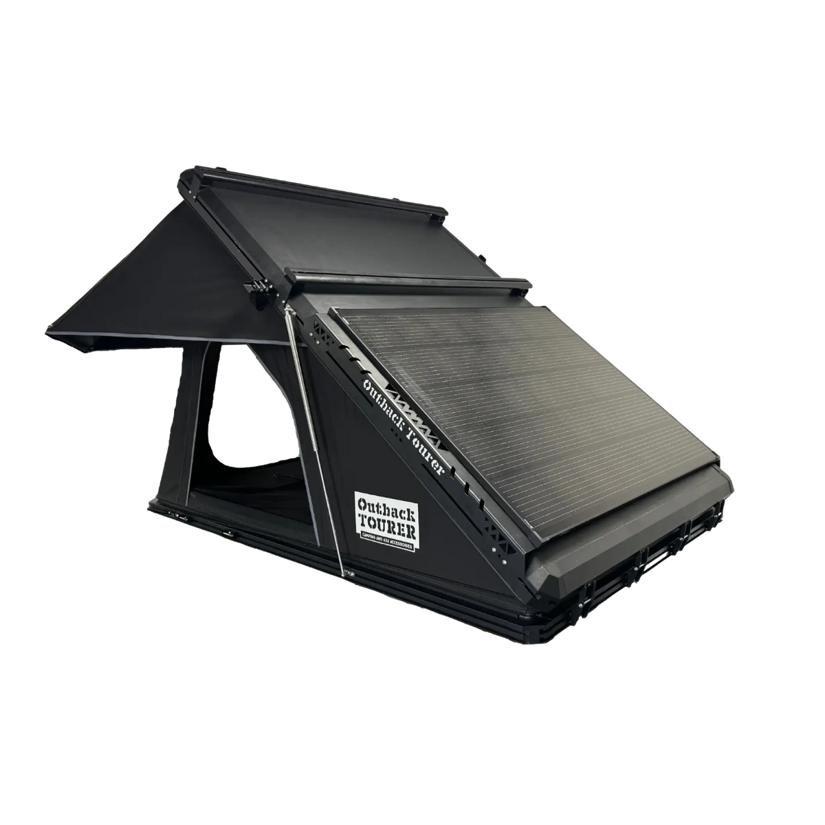 Outback Tourer 1.4 Rooftop Tent front left studio view with a Roam Gear solar panel on the top.