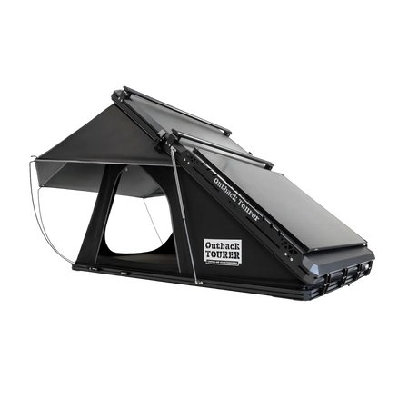 Outback Tourer 1.4 Rooftop Tent front left studio view with a roam gear solar panel and rainfly open.