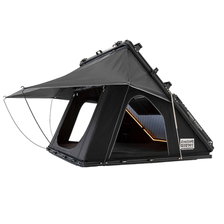 Outback Tourer 1.4 Rooftop Tent rear left studio view with open side window and rainfly.