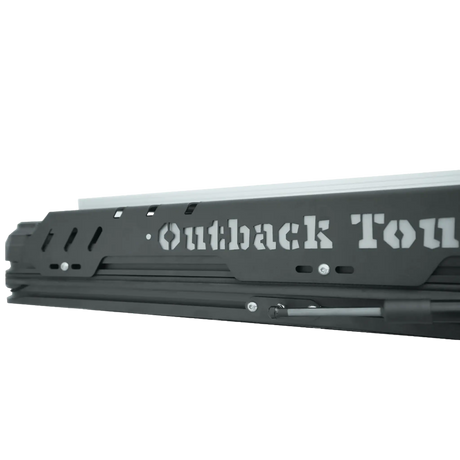 Outback Tourer 1.4 X Rooftop Tent side bracket detail with Outback Tourer rail logo.