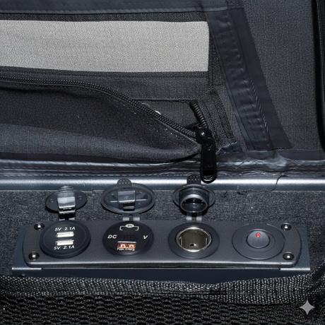 Outback Tourer 1.4 X Plus Rooftop Tent interior power panel with switches and sockets.