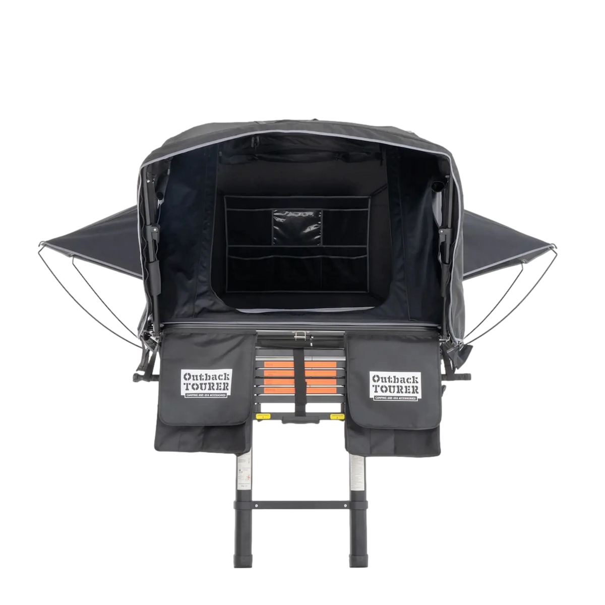 Outback Tourer 1.5 Lite Rooftop Tent front view with ladder and hanging storage pockets.