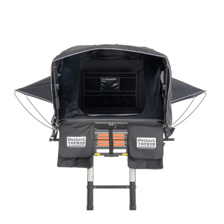 Outback Tourer 1.5 Lite Rooftop Tent front view with ladder and hanging storage pockets.