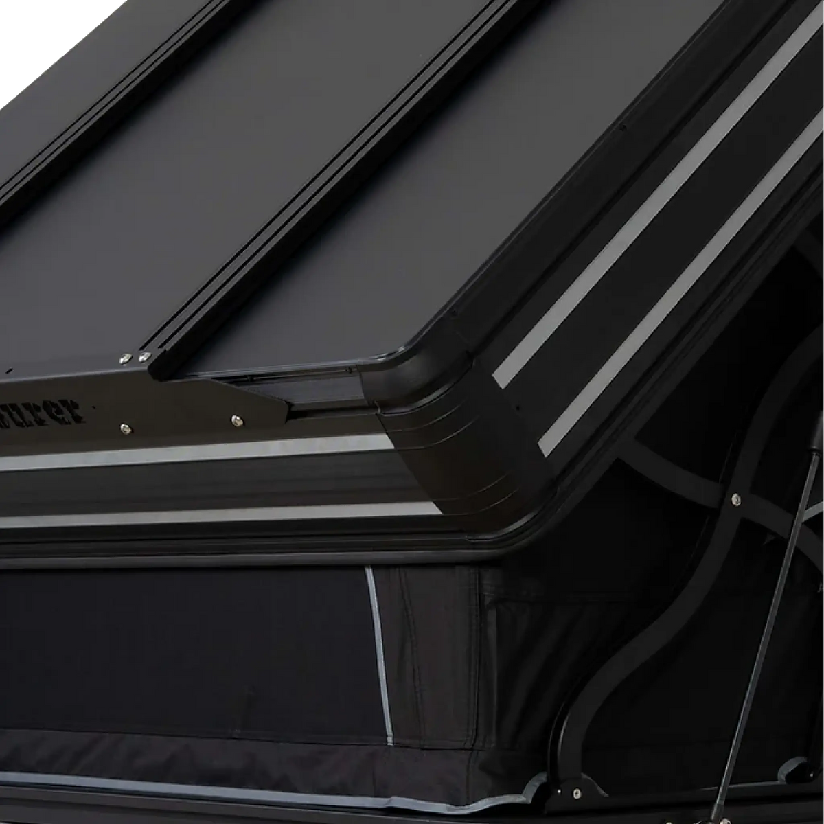 Outback Tourer 1.9 Pro Rooftop Tent open corner detail with grey lines and side fabric.
