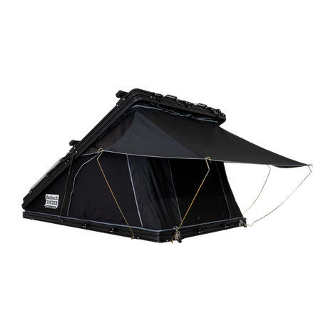 Outback Tourer 1250 Z Rooftop Tent front half open studio view with rainfly and poles setup.