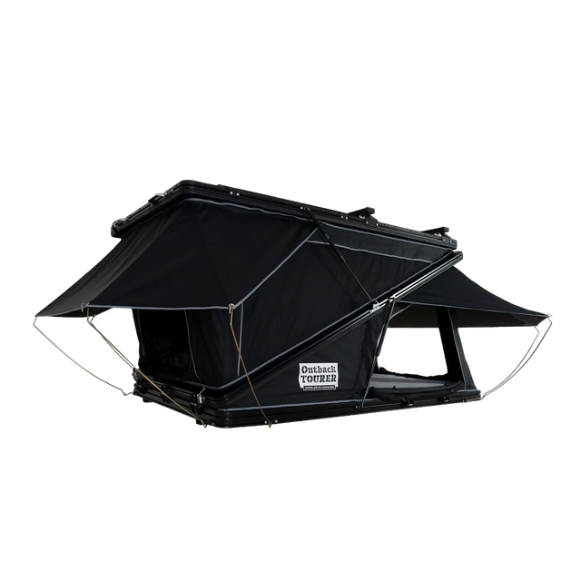 Outback Tourer 1250 Z Rooftop Tent right open studio view with rainfly extended.