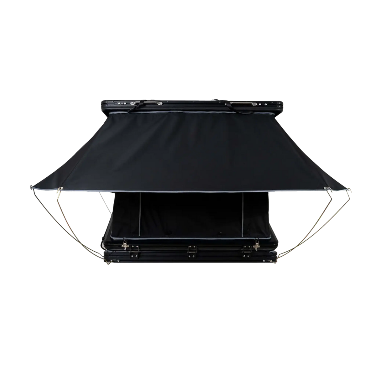 Outback Tourer 1550 Z Rooftop Tent front studio view with the rainfly fully open.