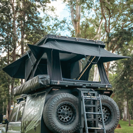 Outback Tourer 1550 Z Rooftop Tent rear open view with rain flys completely open.
