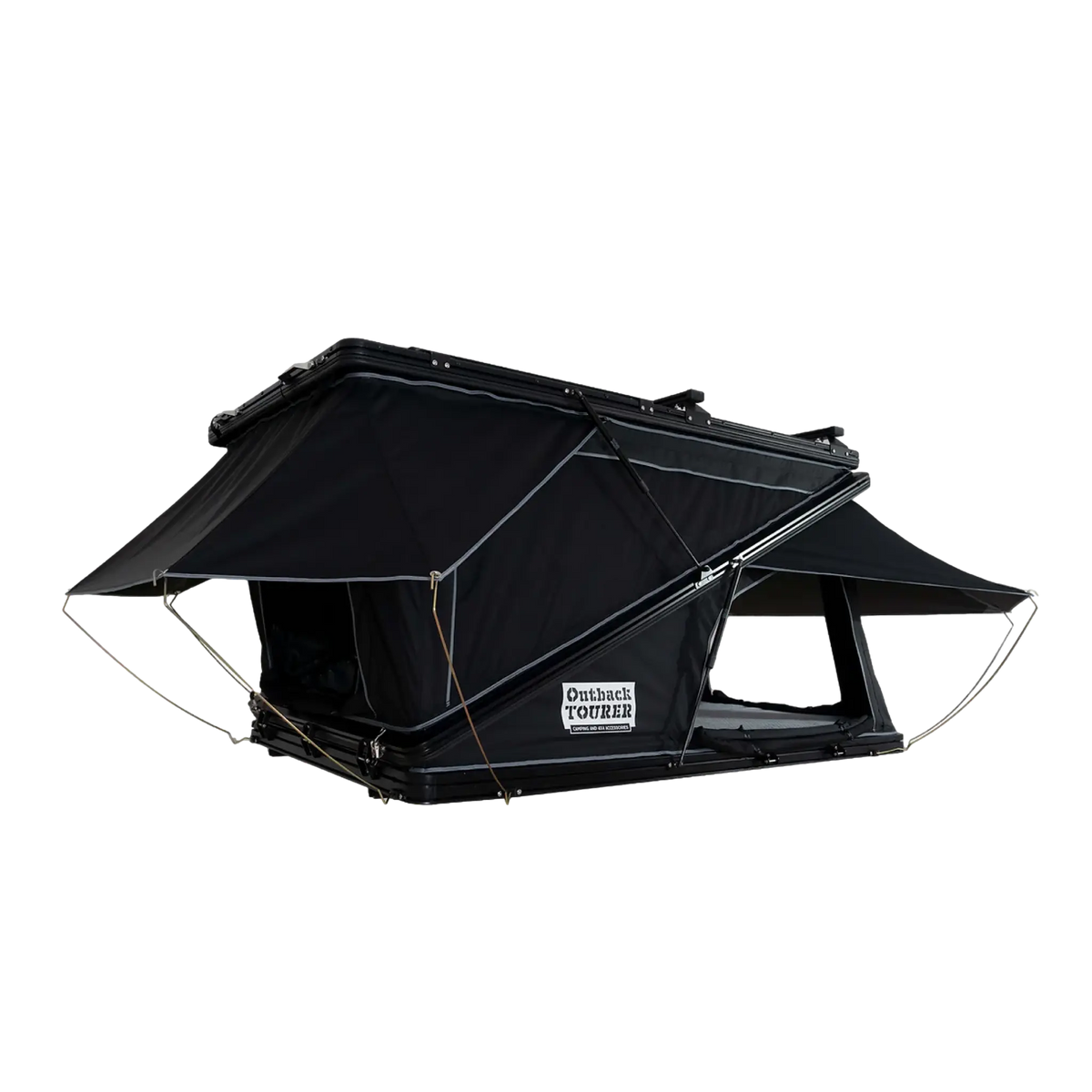 Outback Tourer 1550 Z Rooftop Tent right open studio view with side rain flys open.