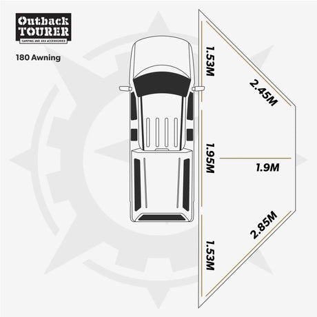 Outback Tourer 180 Awning dimension diagram with vehicle top view.