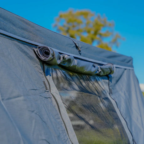 Outback Tourer 180 Full Wall Kit close up of rolled window panel and mesh wall.