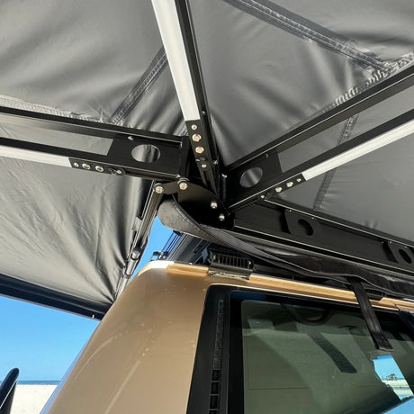 Outback Tourer Drivers Side 270 Awning rear hinge with LED lights in the arms.