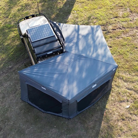 Outback Tourer Drivers Side 270 Full Wall Kit birdseye vehicle-side view with roof and mesh walls.
