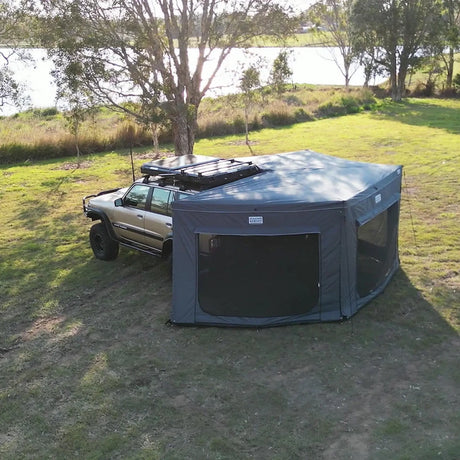 Outback Tourer Drivers Side 270 Full Wall Kit left-side view with rear mesh panel beside the ute.
