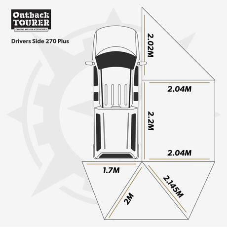 Outback Tourer Drivers Side 270 Plus Awning aerial view dimension diagram.