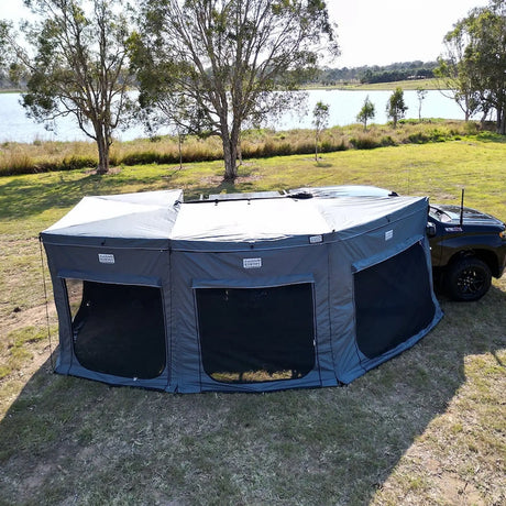 Outback Tourer Drivers Side 270 Plus Full Wall Kit right side view with mesh panels beside the ute.