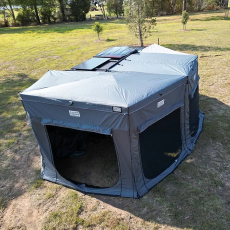 Outback Tourer Drivers Side 270 Plus Full Wall Kit top view with rear entry open and side mesh panel.