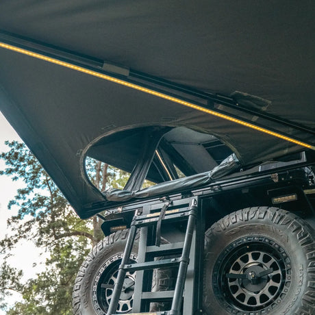 Outback Tourer Drivers Side 270 Plus with D Zipper Awning D shaped opening and led strip in the awning arms.