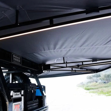 Outback Tourer Passenger Side 270 Plus Awning underside frame with side arm and led lights.