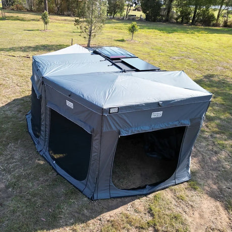 Outback Tourer Passenger Side 270 Plus Full Wall Kit elevated side view with three mesh window panels.