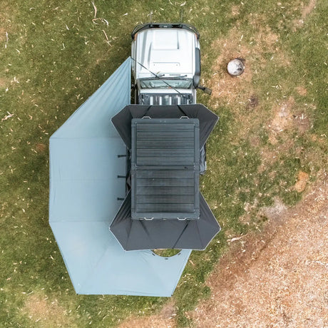 Outback Tourer Passenger Side 270 Plus with D Zipper Awning birdseye view with solar panels and side awning.