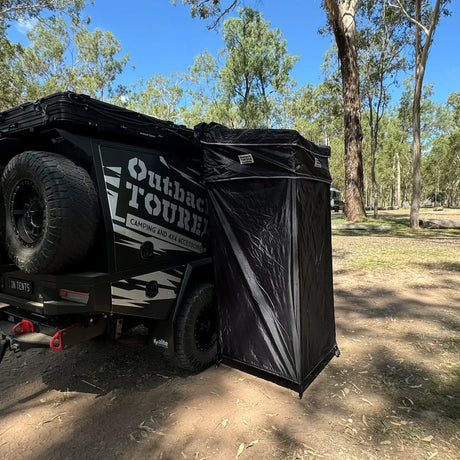 Outback Tourer Shower Awning front right view beside the vehicle.