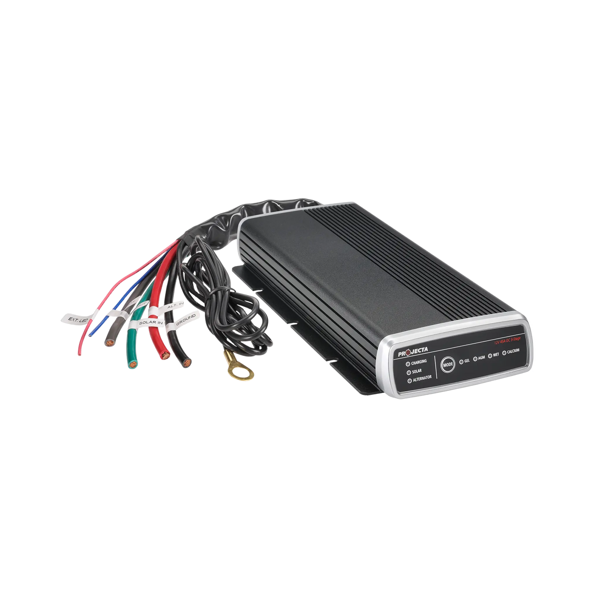 Projecta 45A 3-Stage DCDC charger with labelled input cables, a ground cable and coiled lead beside the housing.