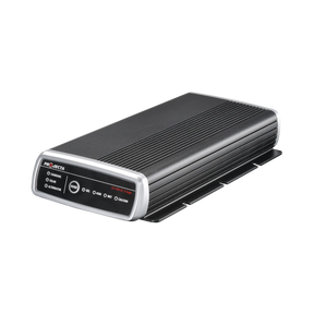 Projecta 45A 3-Stage DCDC charger front right view with a ribbed black housing and silver edged control panel.