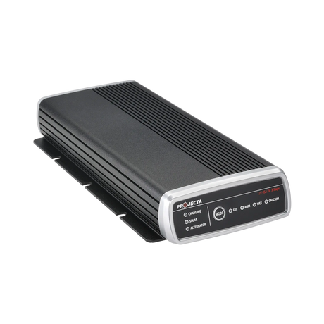 Projecta 45A 3-Stage DCDC charger front left view with top cooling fins and side mounting slots.