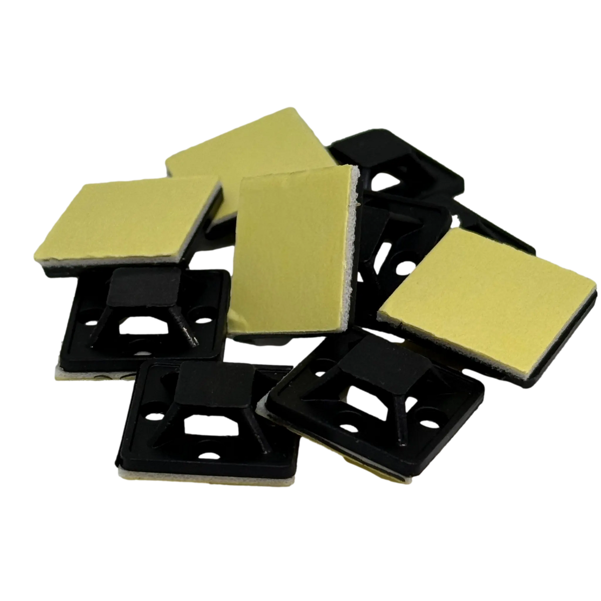 Rekcharge 10-pack adhesive cable tie mounts angled view with black tops and peel-off adhesive pads