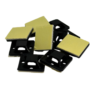 Rekcharge 10-pack adhesive cable tie mounts angled view with black tops and peel-off adhesive pads