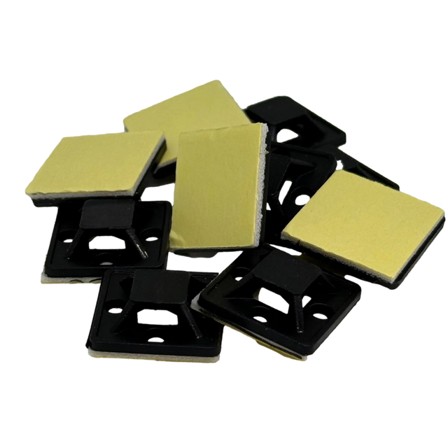 Rekcharge 10-pack adhesive cable tie mounts angled view with black tops and peel-off adhesive pads