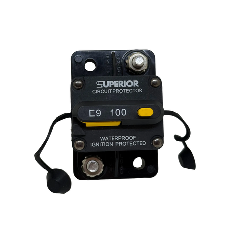 Rekcharge 100A Inline Waterproof Resettable Circuit Breaker front view with terminal covers.