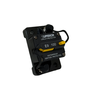 Rekcharge 100A Inline Waterproof Resettable Circuit Breaker front left product view.
