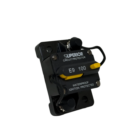 Rekcharge 100A Inline Waterproof Resettable Circuit Breaker front left product view.