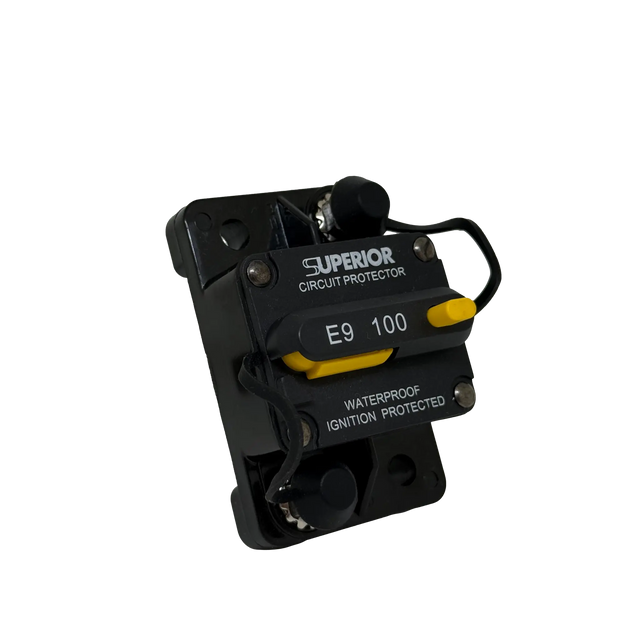 Rekcharge 100A Inline Waterproof Resettable Circuit Breaker front left product view.