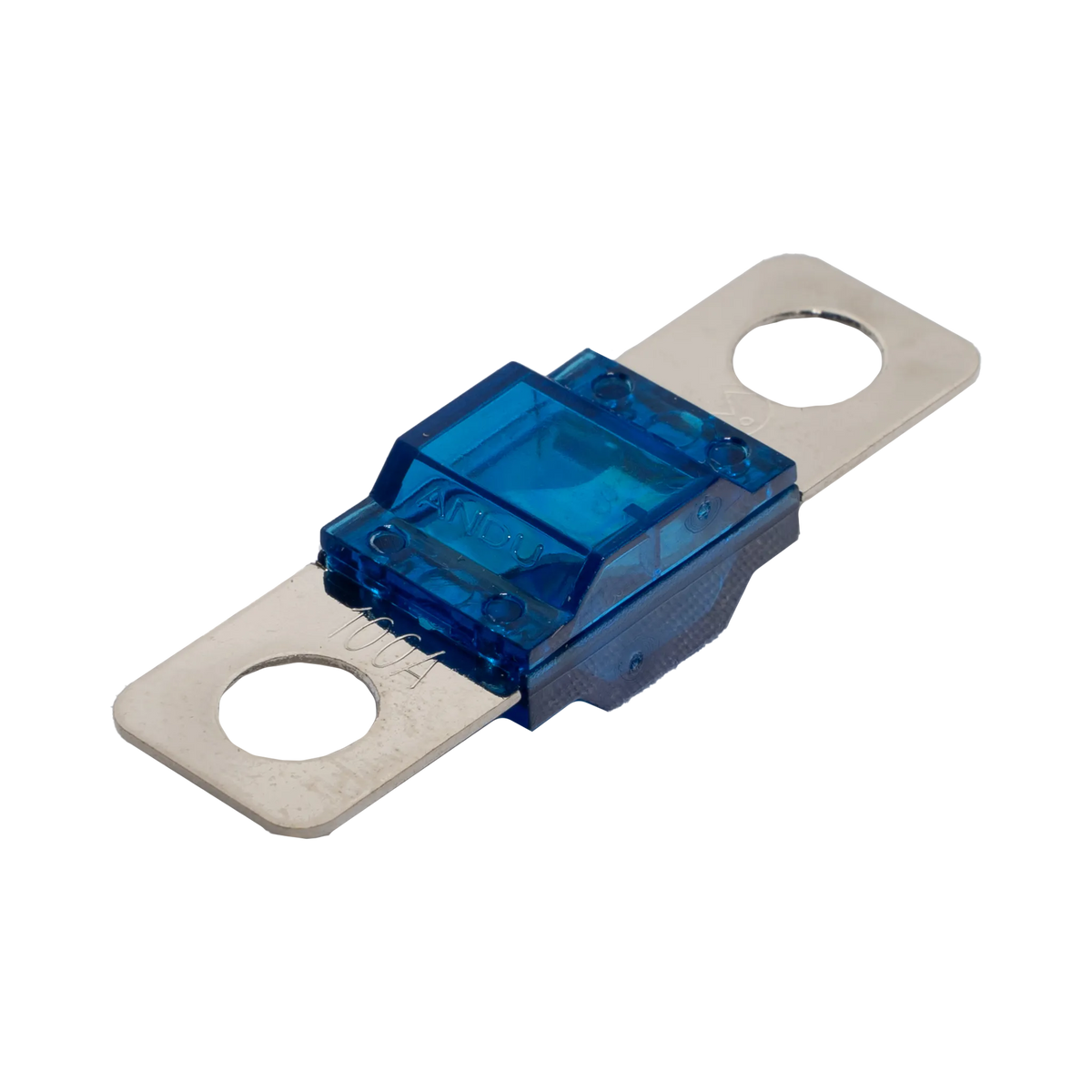 Rekcharge 100A Midi fuse angled view with transparent blue housing and two silver mounting tabs.