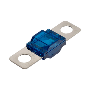 Rekcharge 100A Midi fuse angled view with transparent blue housing and two silver mounting tabs.