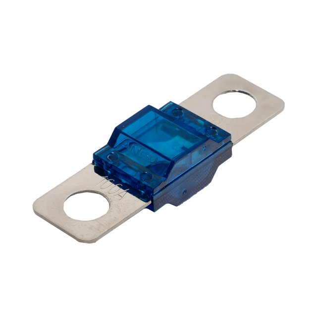 Rekcharge 100A Midi fuse angled view with transparent blue housing and two silver mounting tabs.