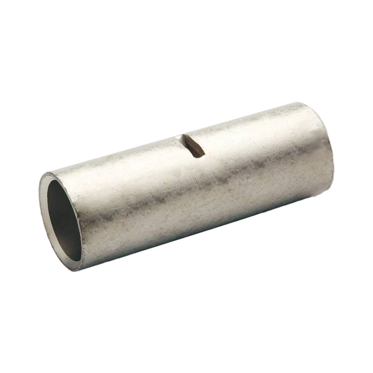 Rekcharge 10mm battery cable joiner angled view showing the hollow metal sleeve and crimp slot.