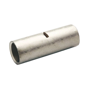 Rekcharge 10mm battery cable joiner angled view showing the hollow metal sleeve and crimp slot.