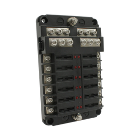 Rekcharge 12 way fuse block in a front left view with the cover removed and screw terminals exposed.