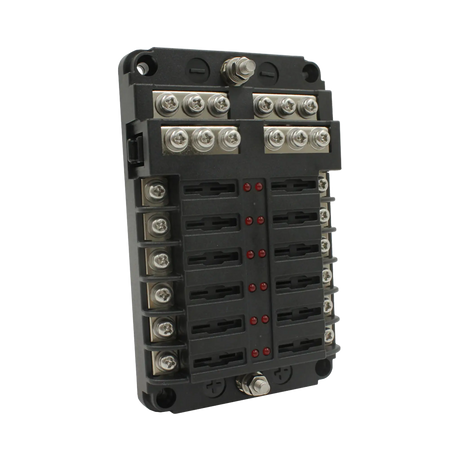 Rekcharge 12 way fuse block in a front left view with the cover removed and screw terminals exposed.