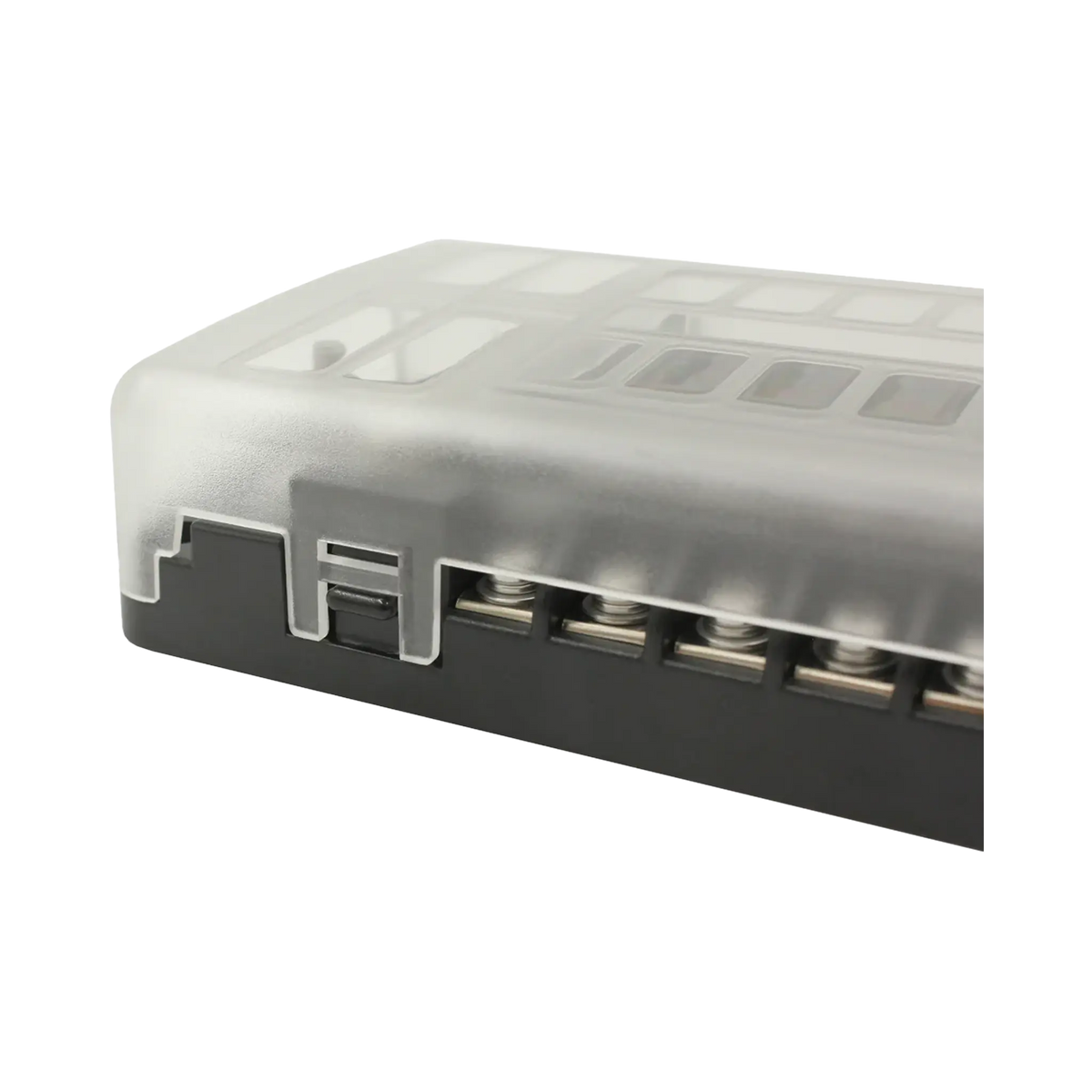 Rekcharge 12 way fuse block close up of the translucent cover clipped onto the black base.