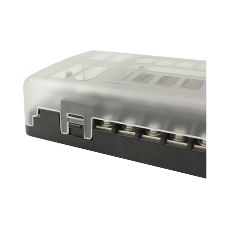 Rekcharge 12 way fuse block close up of the translucent cover clipped onto the black base.