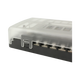 Rekcharge 12 way fuse block close up of the translucent cover clipped onto the black base.